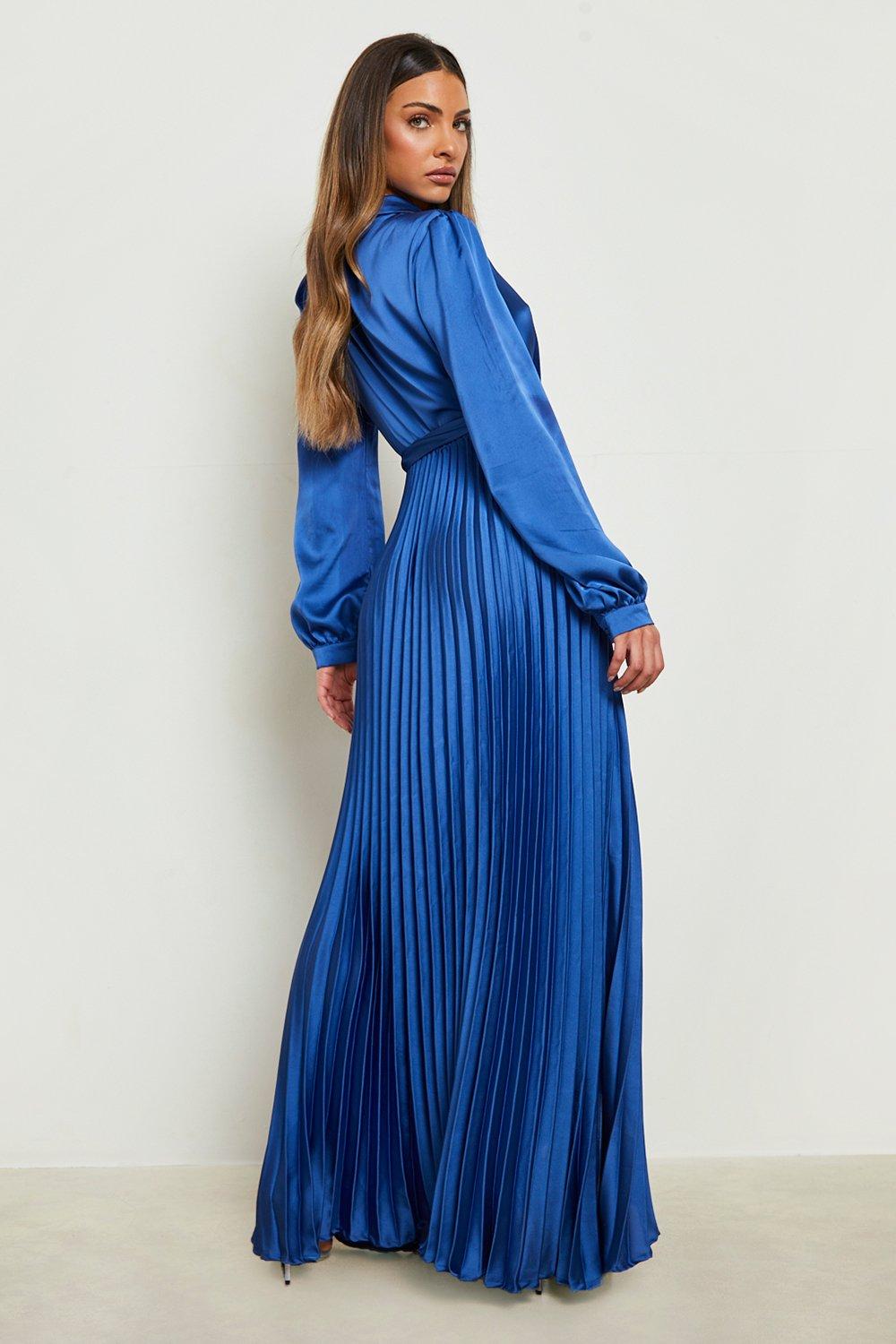 Satin Pleated Wrap Belted Maxi Dress