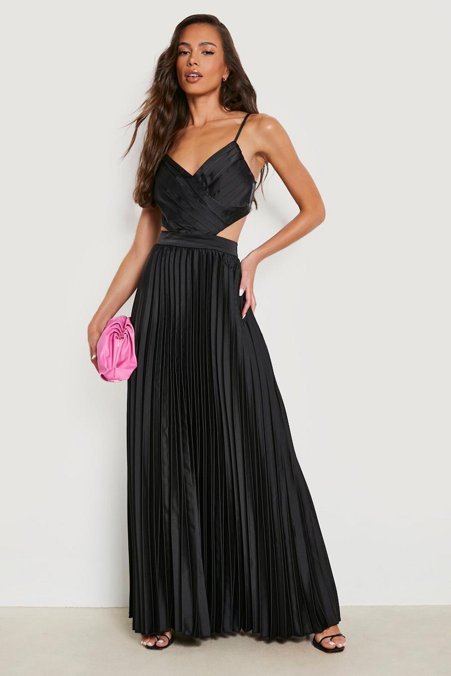 Black Satin Pleated Wrap Maxi Dress image number 1