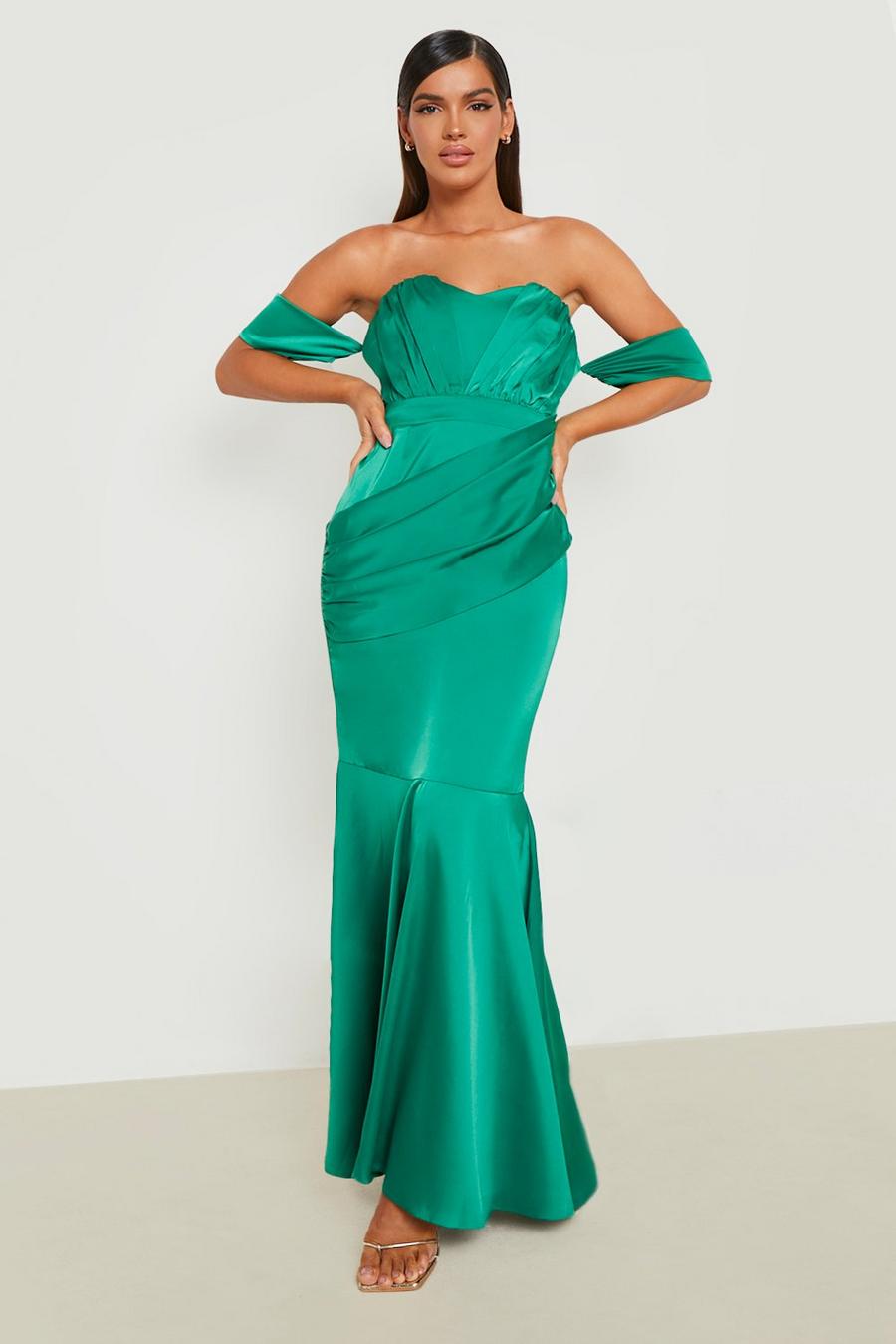Emerald green Satin Drape Detail Fishtail Maxi Dress