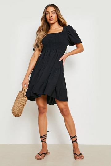 Puff Sleeve Shirred Smock Dress black