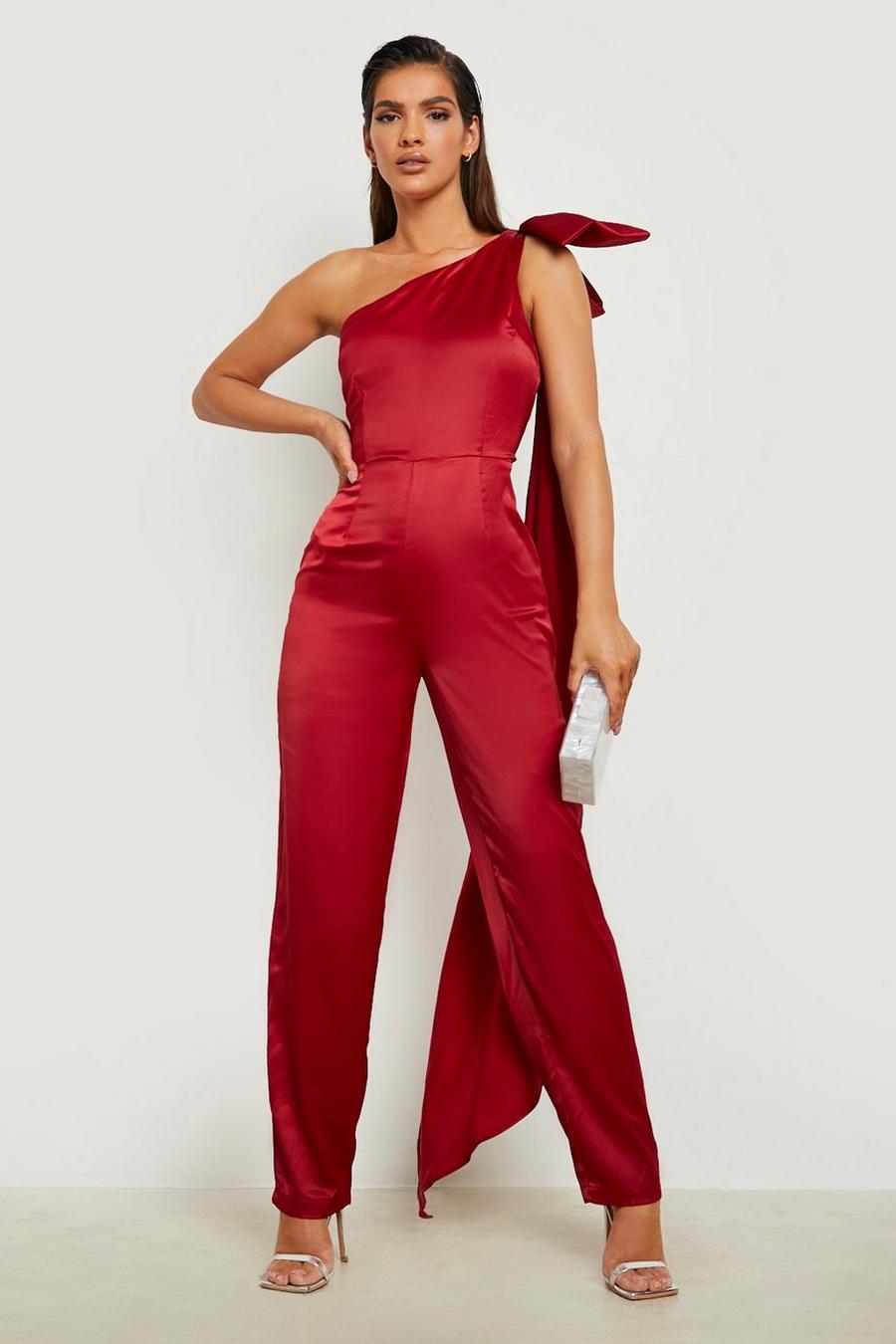 Berry Satin Bow Detail Straight Leg Jumpsuit image number 1