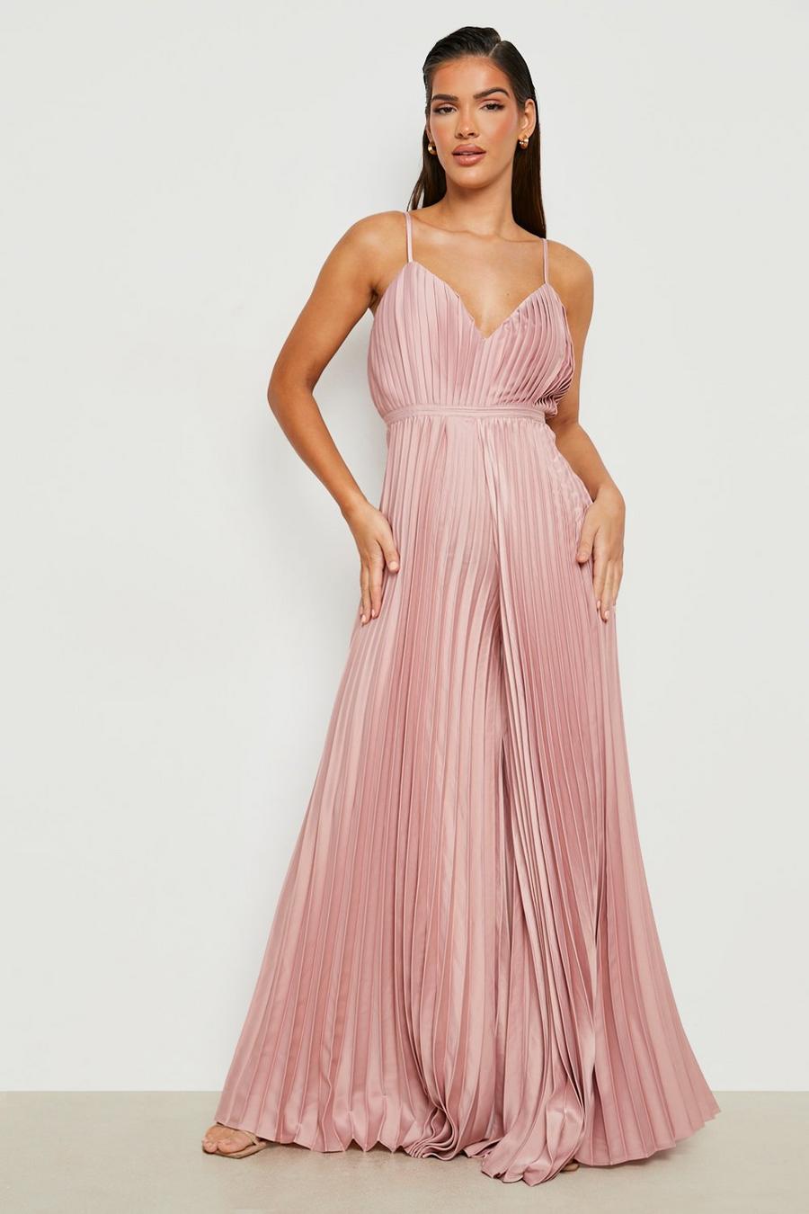 Blush Pleated Satin Strappy Wide Leg Jumpsuit image number 1
