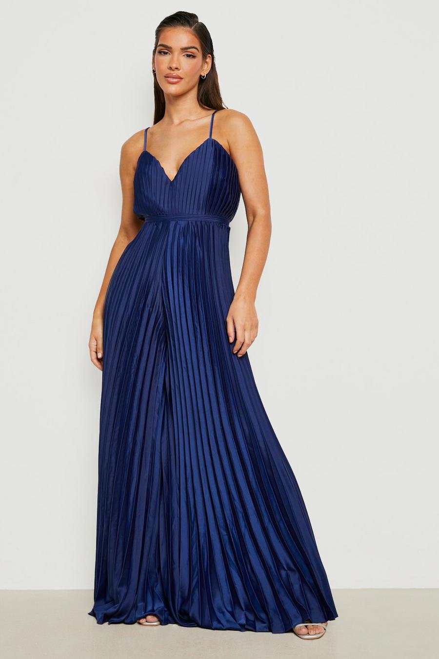Navy Pleated Satin Strappy Wide Leg Jumpsuit