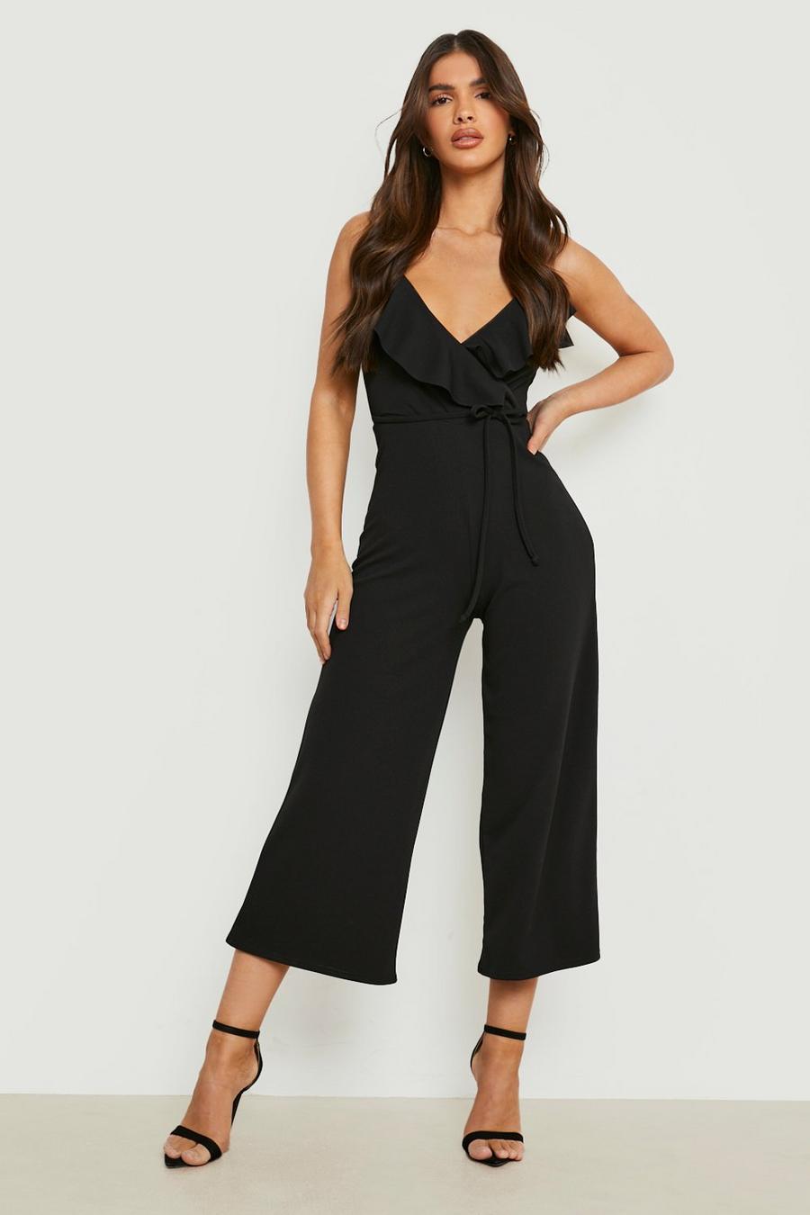 Black Frill Detail Strappy Culotte Jumpsuit image number 1