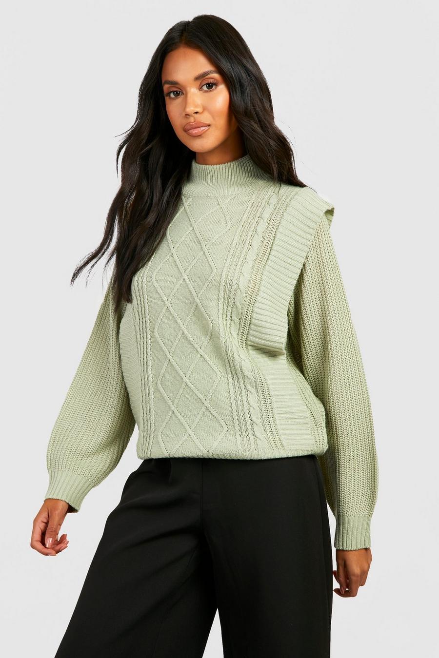 Sage Shoulder Detail Cable Knitted Sweater image number 1