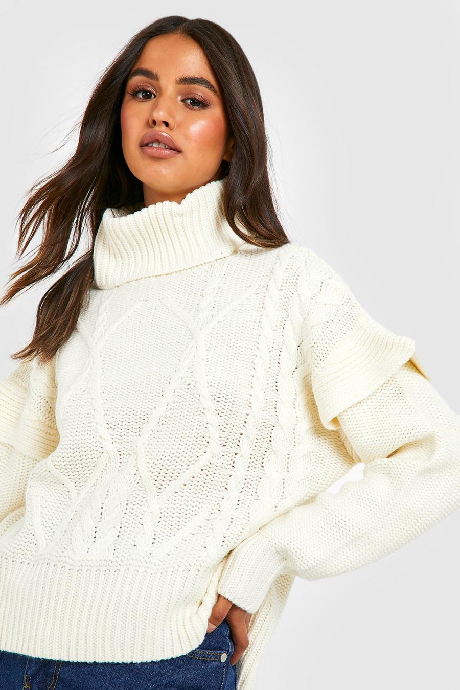 Maglione in maglia intrecciata con collo alto e dettagli sulle spalle, Ivory bianco
