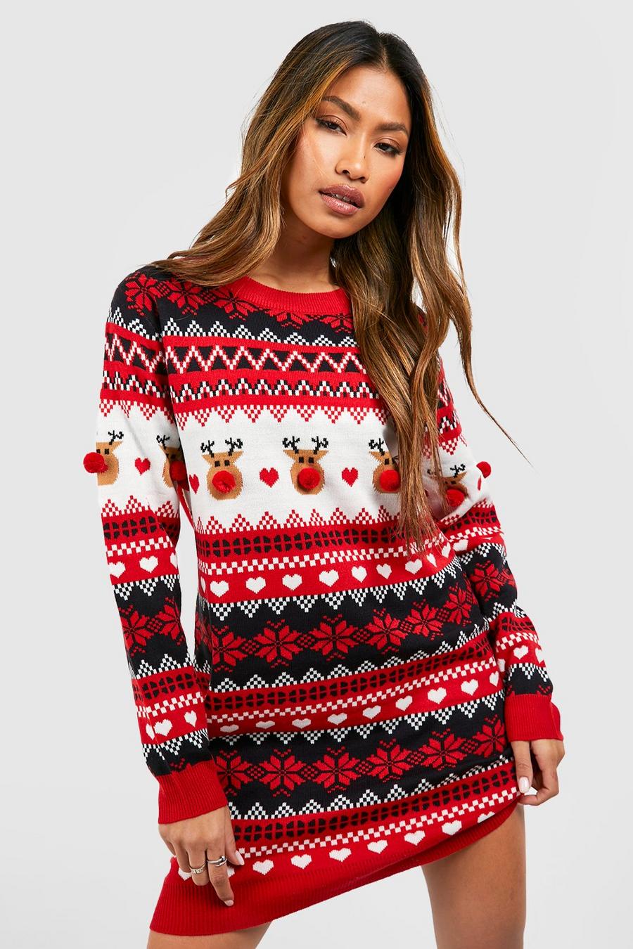 Red Pom Pom Reindeer Christmas Sweater Dress