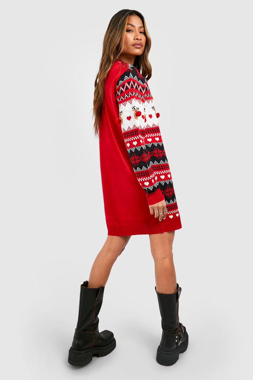 Vestito natalizio in maglia con renne e pon pon boohoo IT