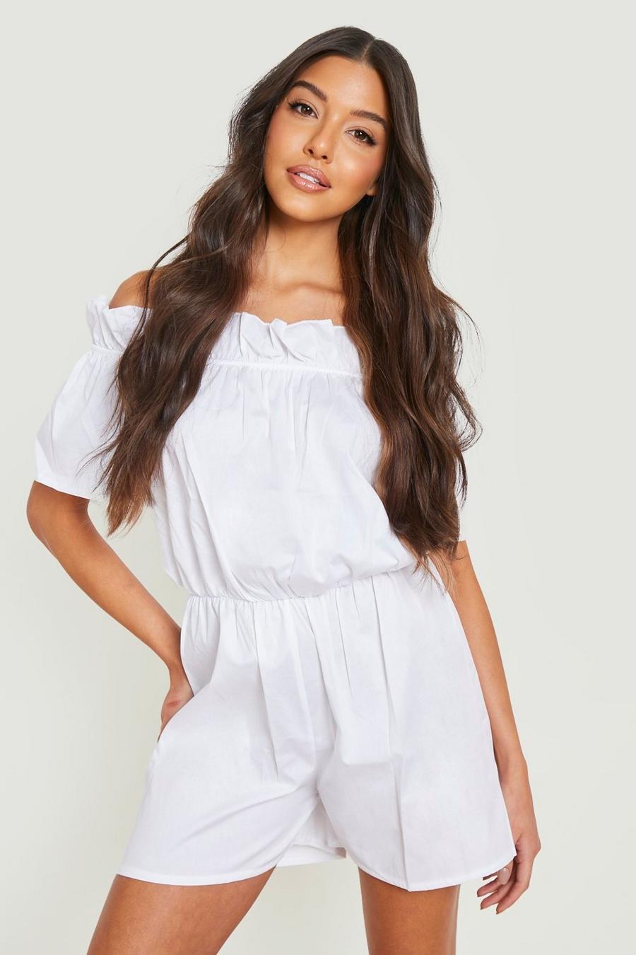 White Off The Shoulder Cotton Playsuit image number 1