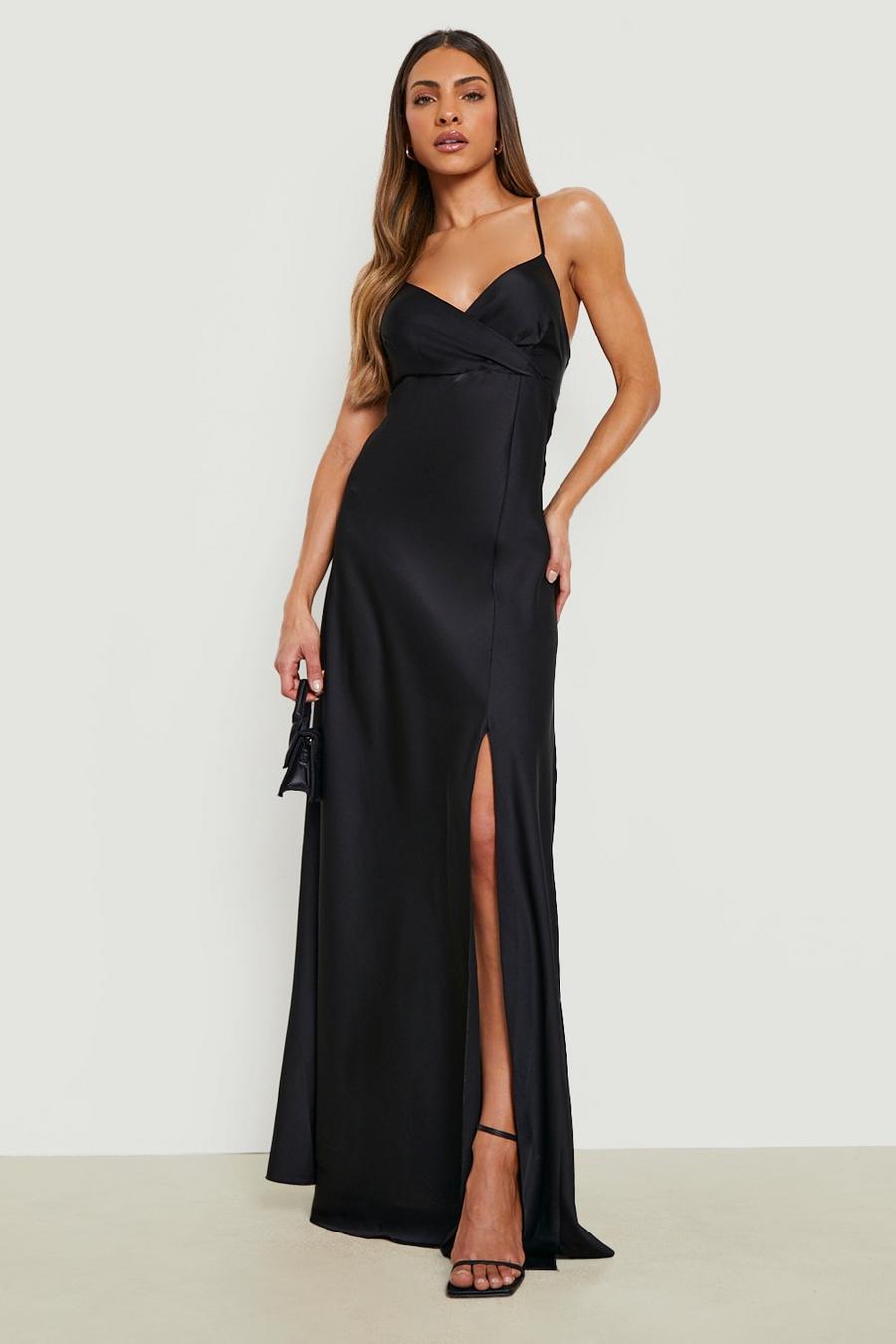 Black svart Satin Strappy Maxi Dress 