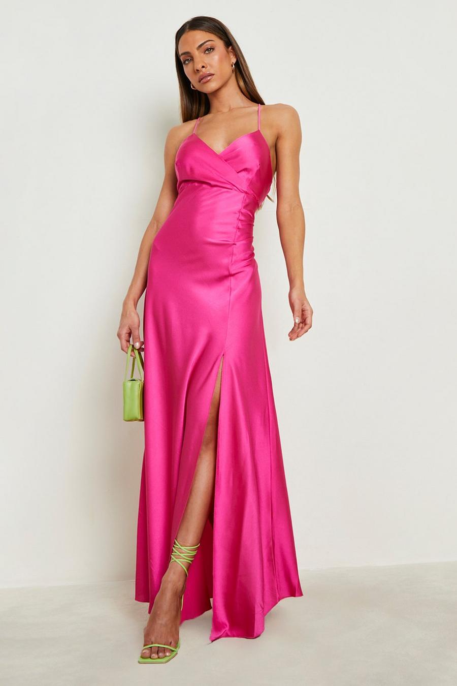 Bright pink rosa Satin Strappy Maxi Dress 