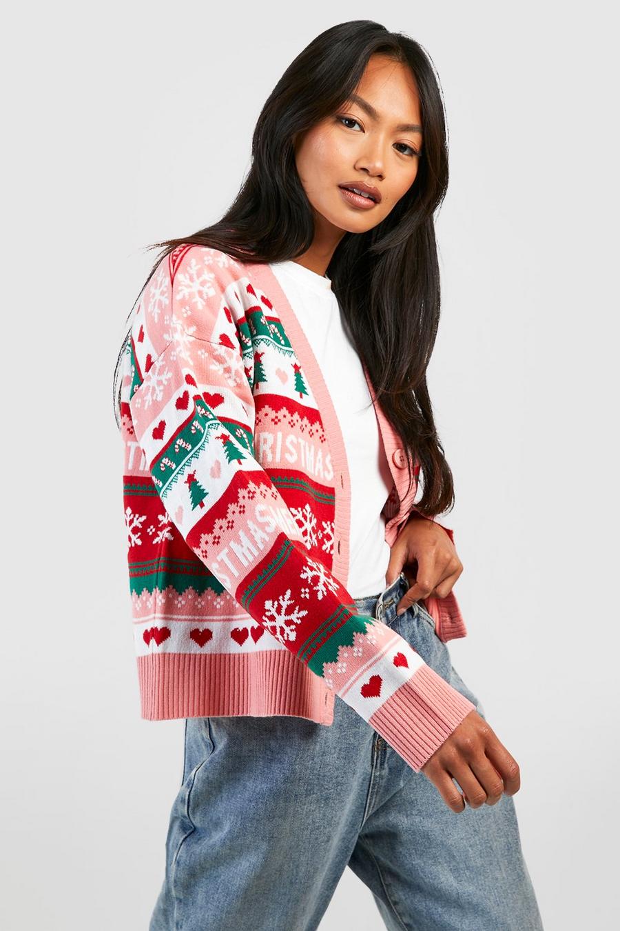 Jacquard Weihnachts-Cardigan, Pink image number 1