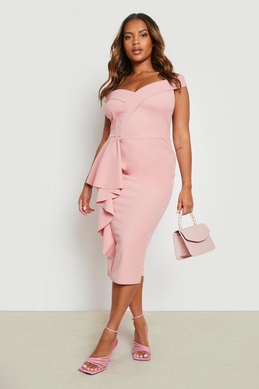 Blush pink Plus Occasion Off Shoulder Ruffle Midi Dress