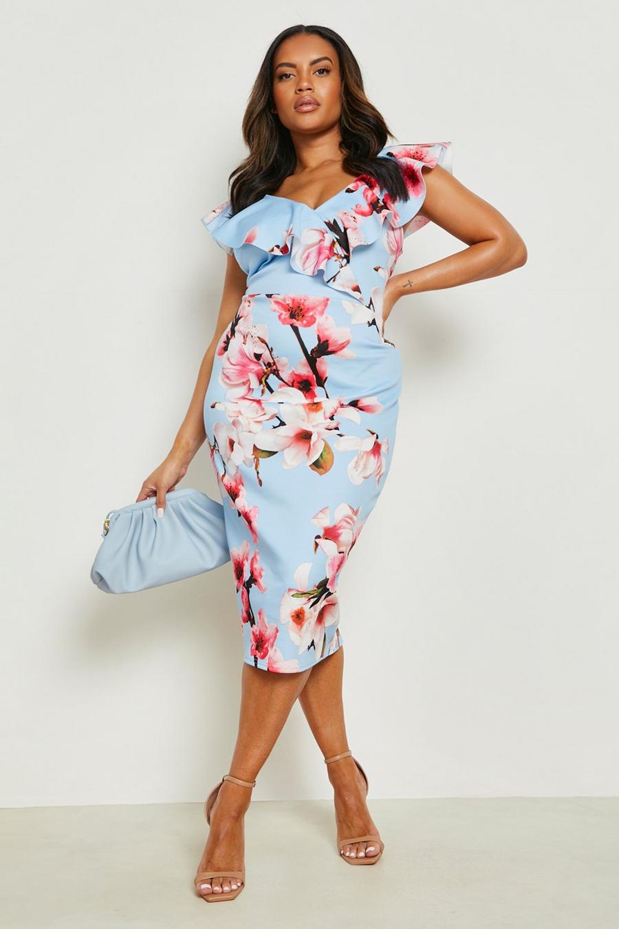 Sky blue Plus Occasion Ruffle Floral Midi Dress image number 1