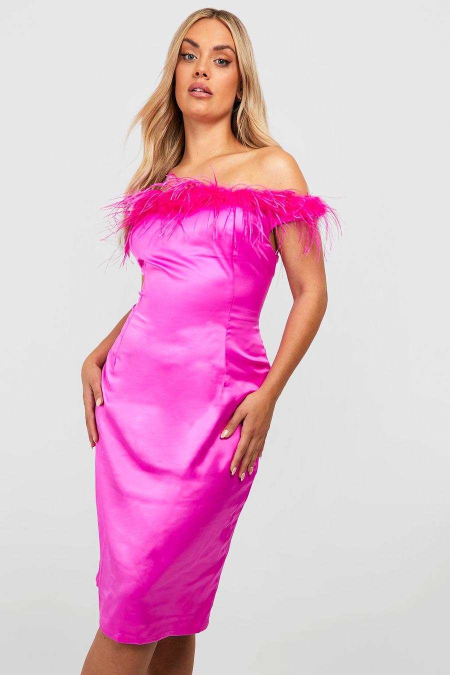 Hot pink Plus Satin Feather Midi Dress image number 1