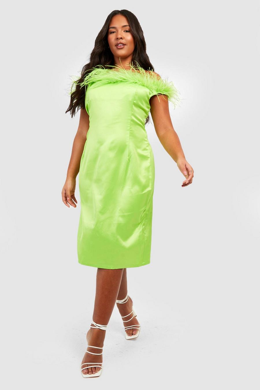 ליים שמלת סאטן באורך מידי עם נוצות, למידות גדולות image number 1