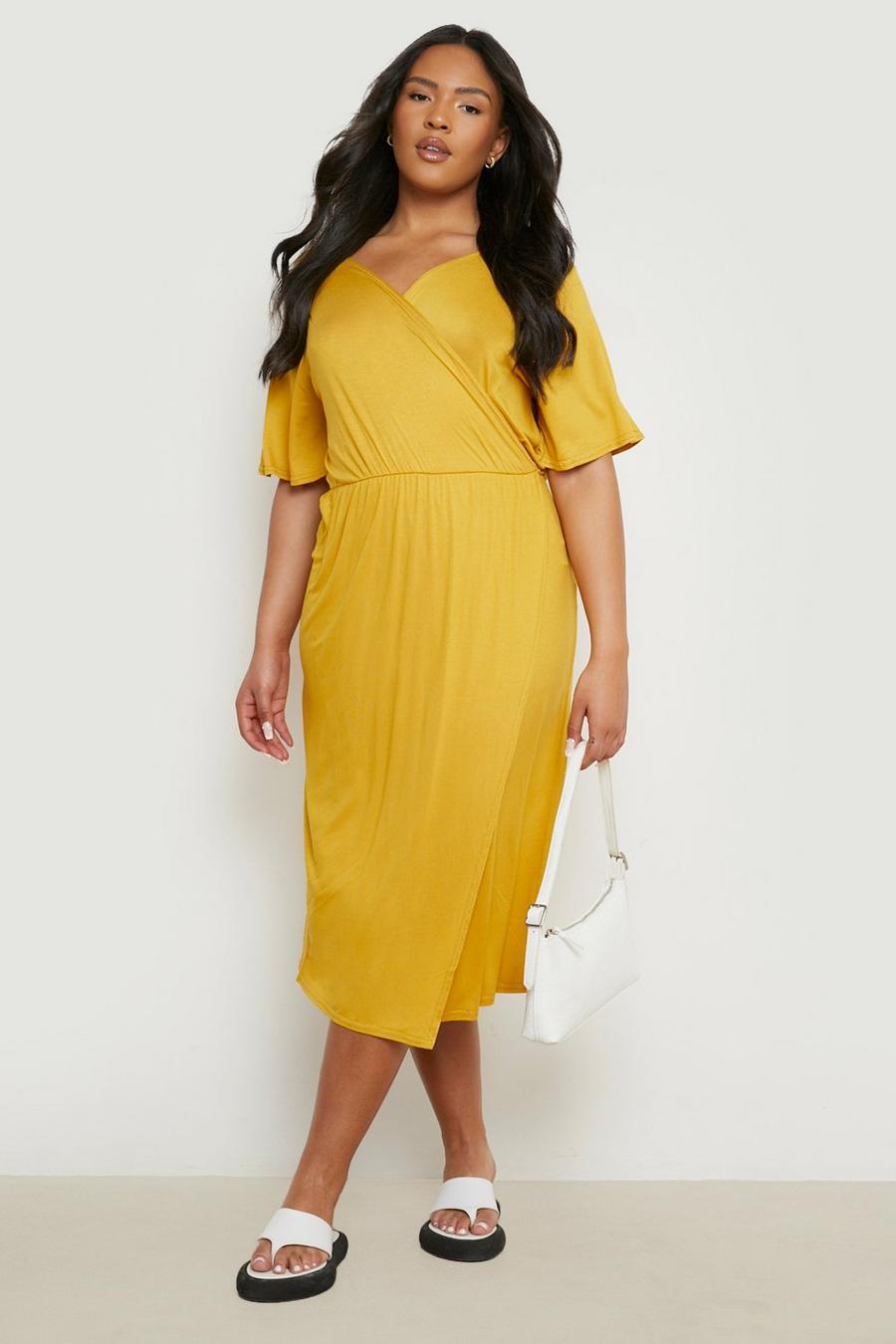Mustard Plus Angel Sleeve Wrap Midi Dress image number 1