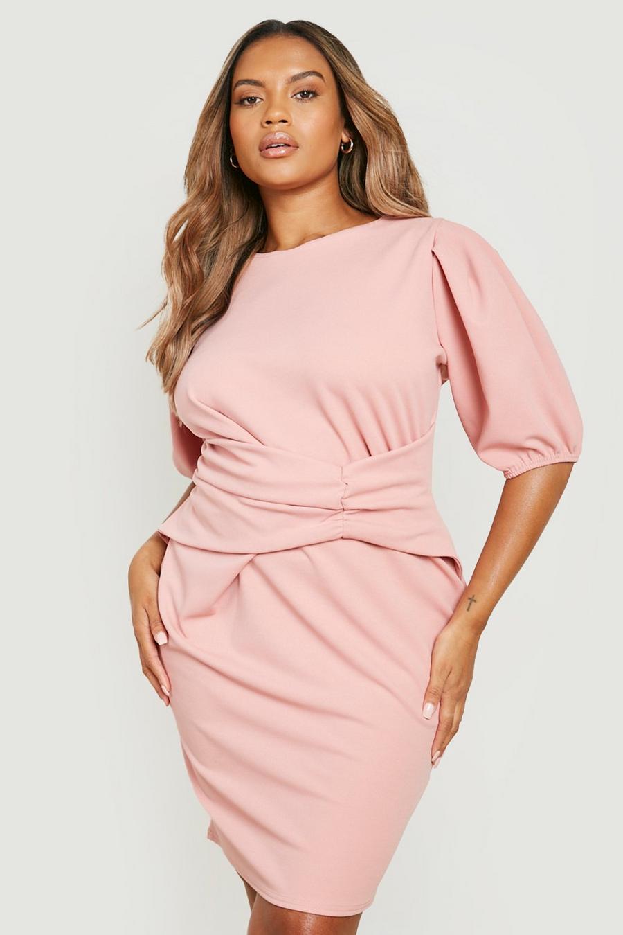 Soft pink Plus Puff Sleeve Twist Mini Dress