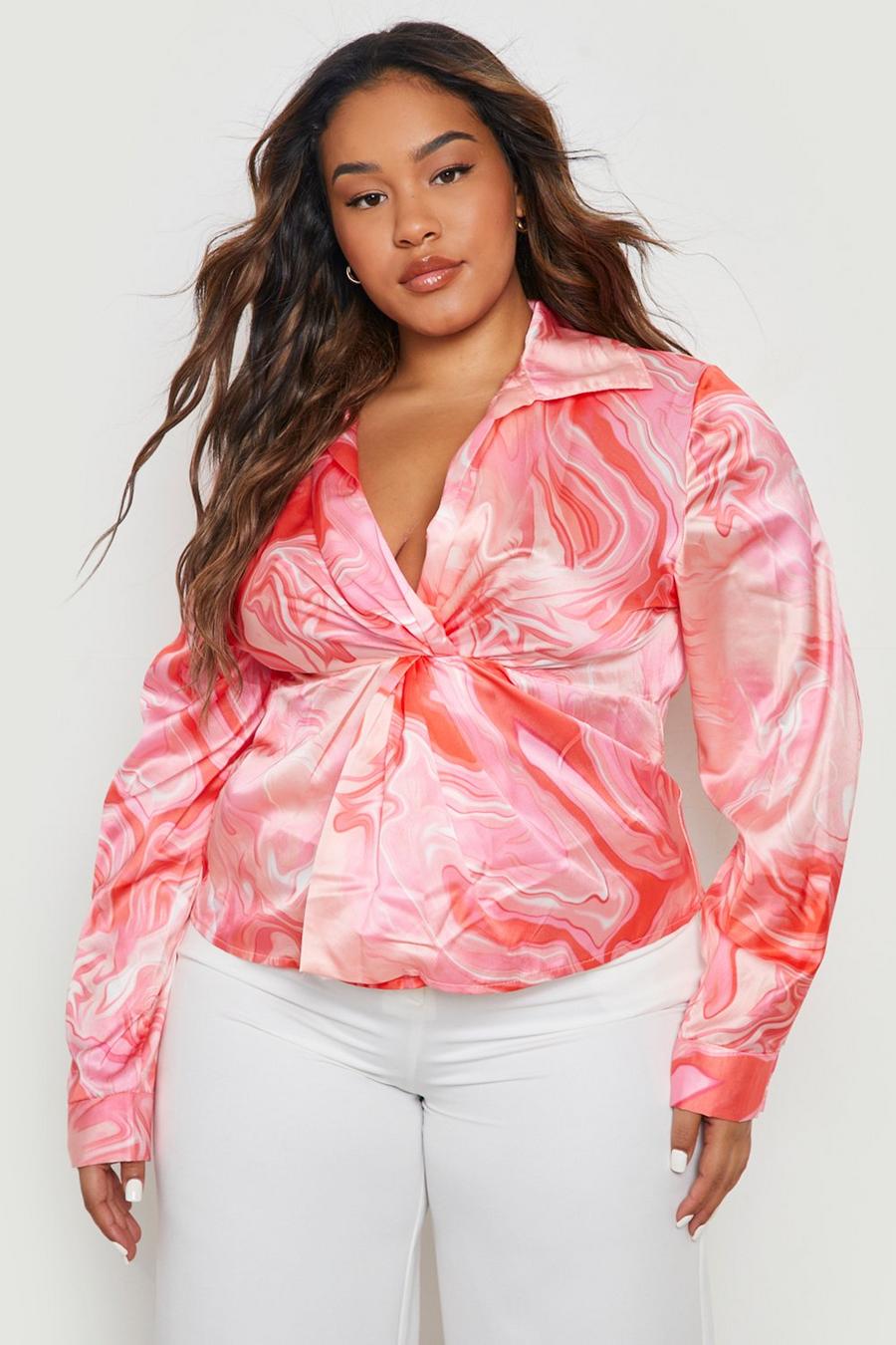 Coral rose Plus Satin Marble Twist Front Top