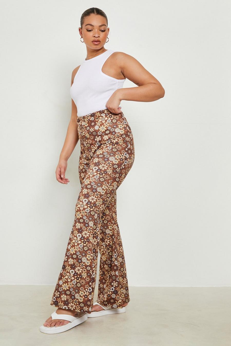 Chocolate brun Plus 70s Floral Print Jersey Flares