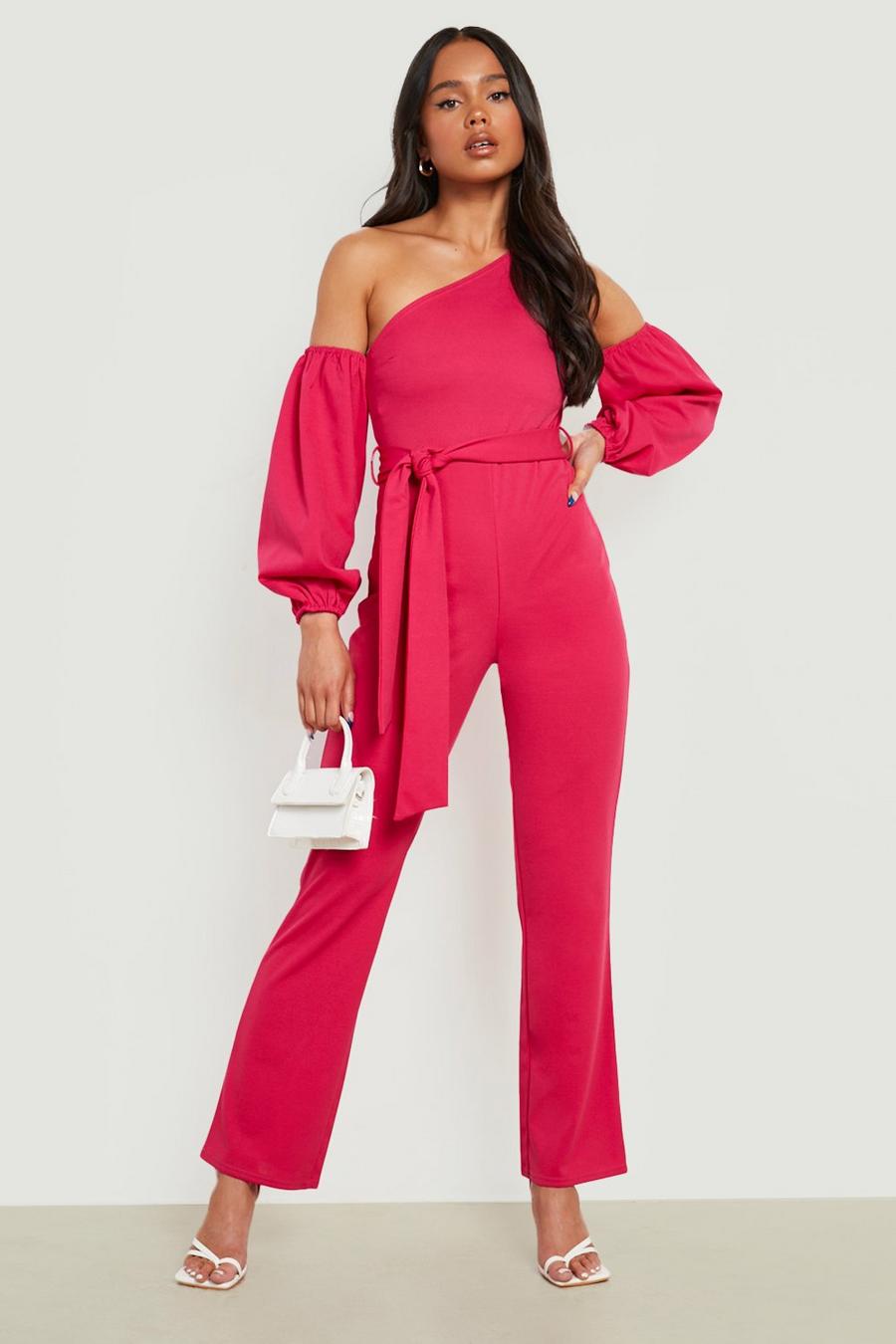Hot pink Petite Puff Sleeve Asymmetric Belted Jumpsuit