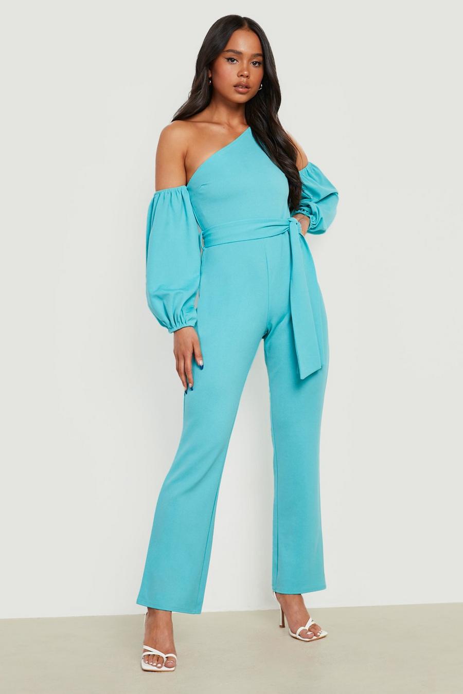 Turquoise Petite Puff Sleeve Asymmetric Belted Jumpsuit image number 1