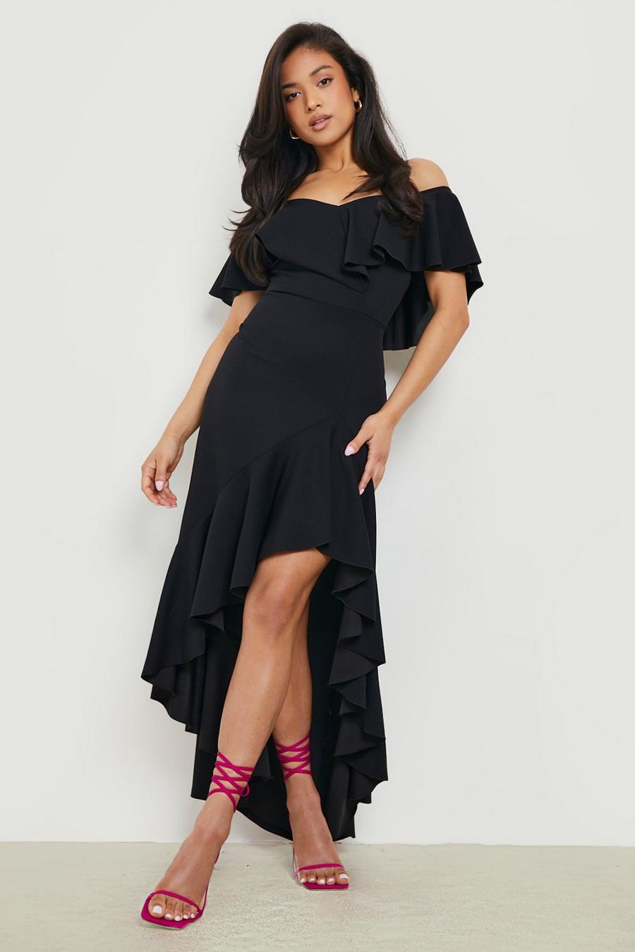 Boohoo Women Clothing Dresses Maxi Dresses Womens Petite Ruffle Bardot Split Leg Maxi Dress 