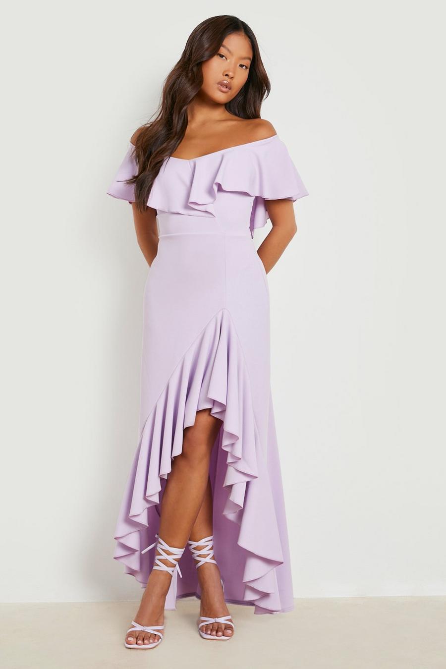 Lilac purple Petite Ruffle Bardot Split Leg Maxi Dress image number 1