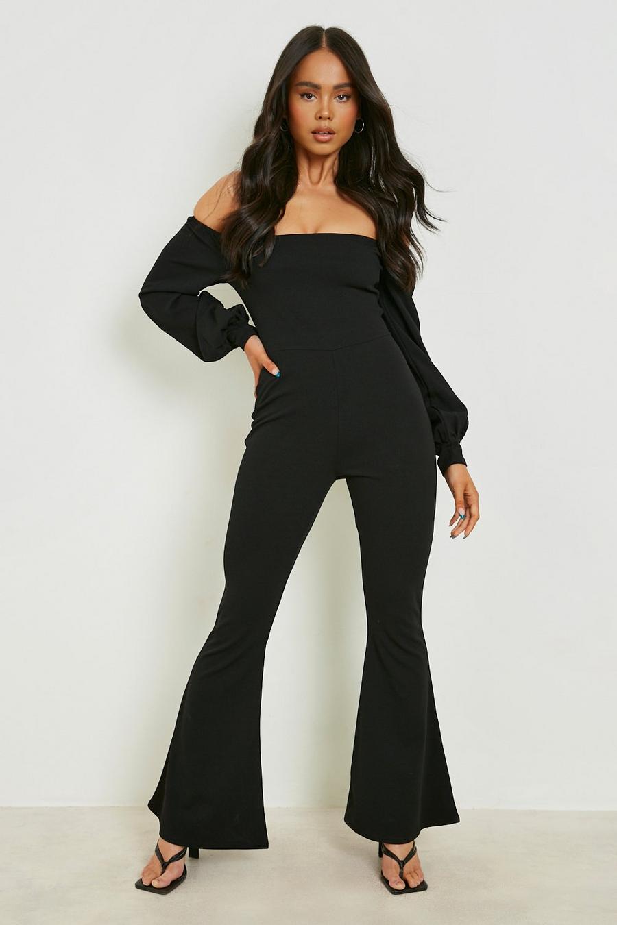 Black Petite - Jumpsuit med puffärm och utsvängda ben image number 1
