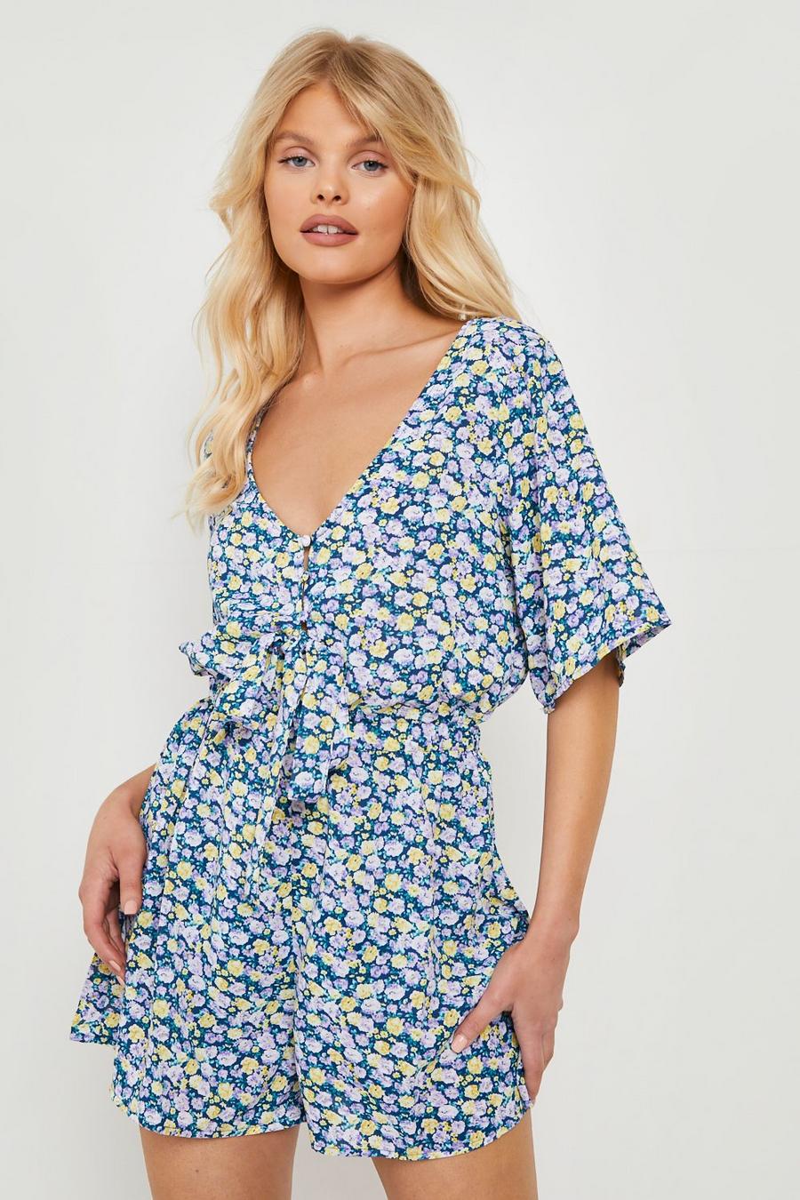Blue Floral Wide Sleeve Tie Front Playsuit 