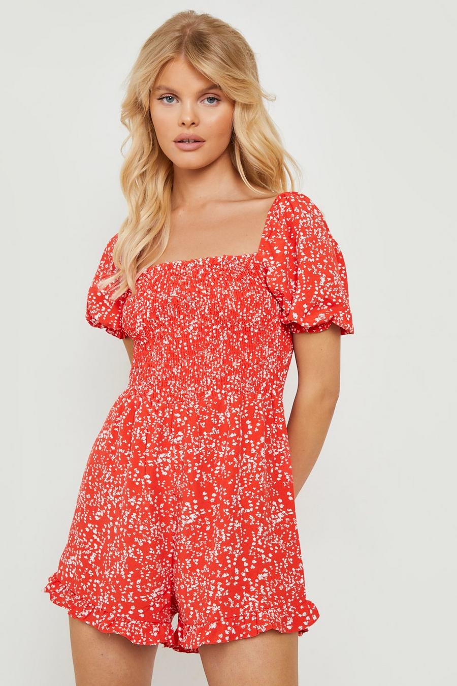 Red röd Floral Puff Sleeve Playsuit image number 1