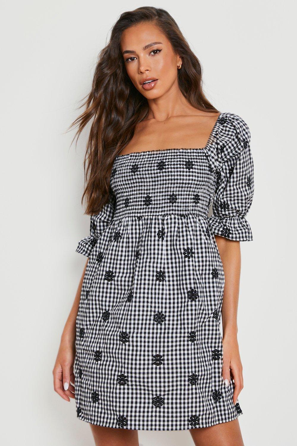 Gingham Printed Puff Sleeve Skater Dress boohoo CA