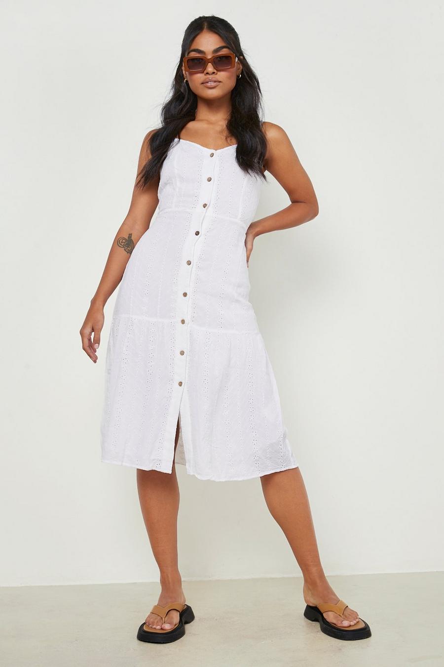 Off white Broderie Strappy Tie Back Midi Dress image number 1