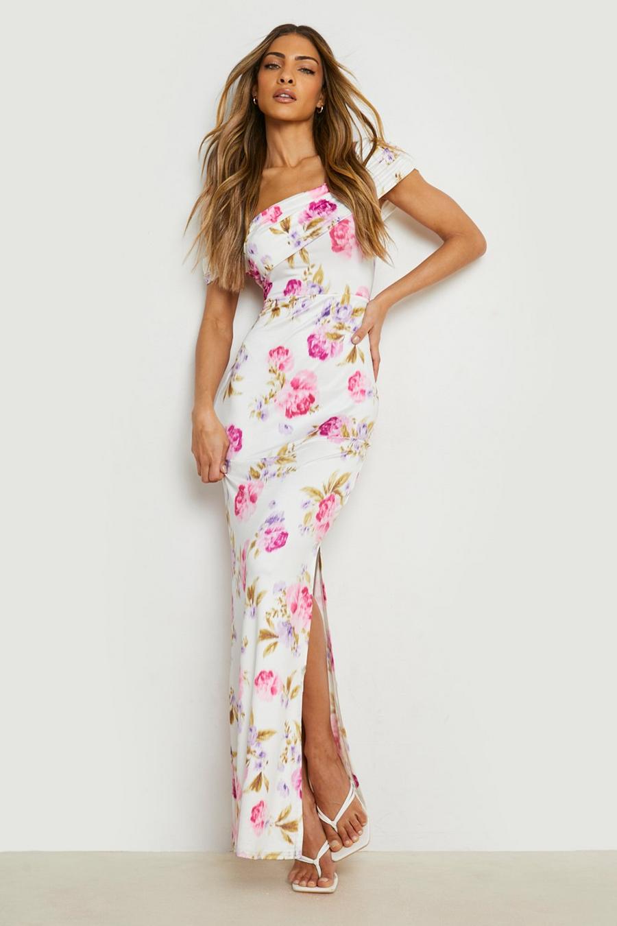 White Slinky Bardot Maxi Dress Floral Print image number 1