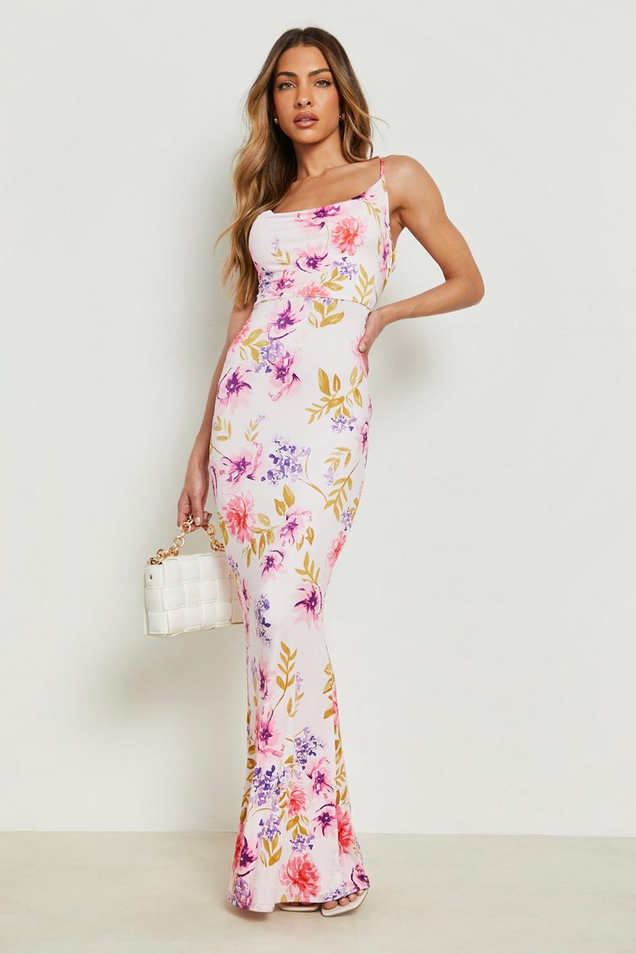 Blush rosa Slinky Cowl Neck Maxi Dress Floral Print