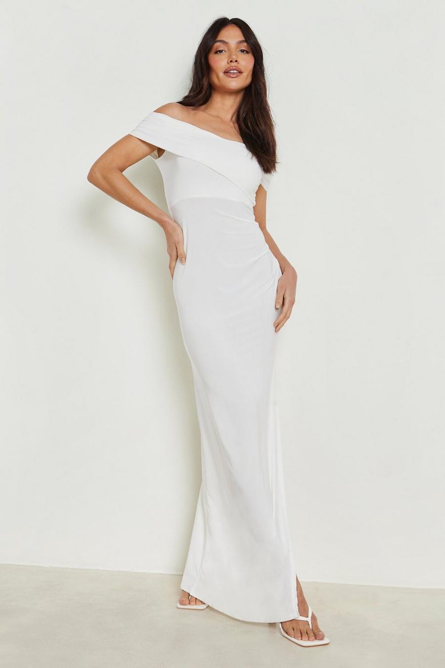 לבן bianco שמלת מקסי צמודה בסגנון ברדו עם שסע במכפלת image number 1