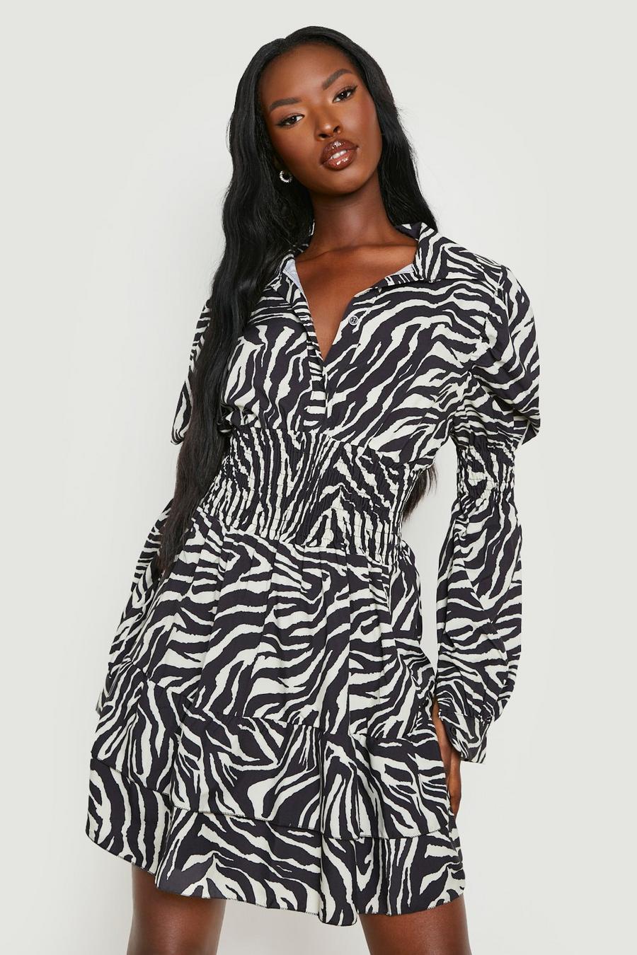 Black Zebra Shirred Shirt Dress