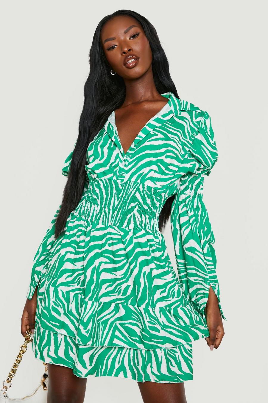Robe chemise froncée à imprimé zèbre, Green vert image number 1
