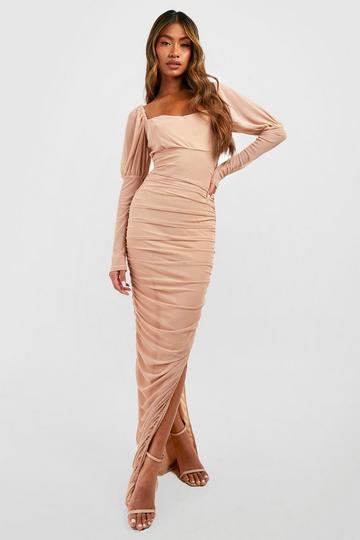 Mesh Square Neck Ruched Maxi Dress taupe