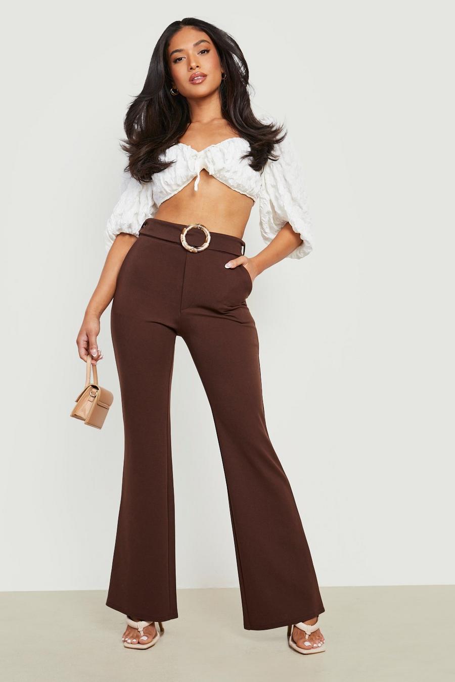 Chocolate Petite Marble Buckle Belted Flare Trouser image number 1