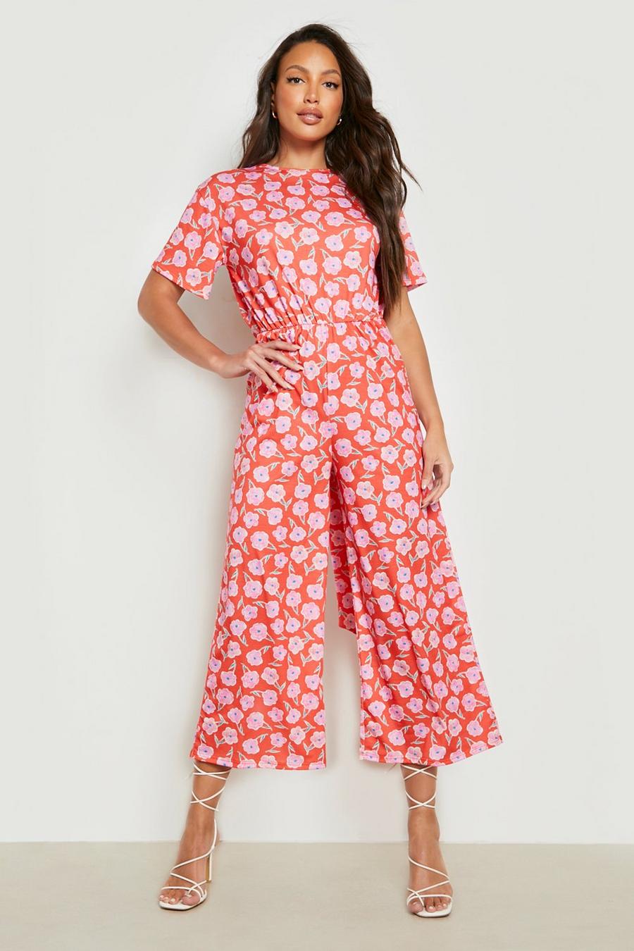 Red Tall Floral Jersey Culottes Jumpsuit