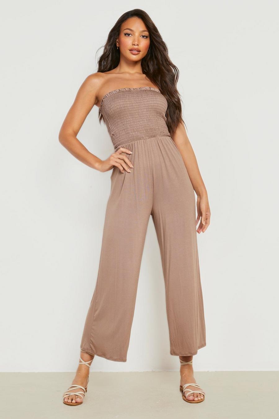Mocha beis Tall Shirred Bandeau Culottes Jumpsuit