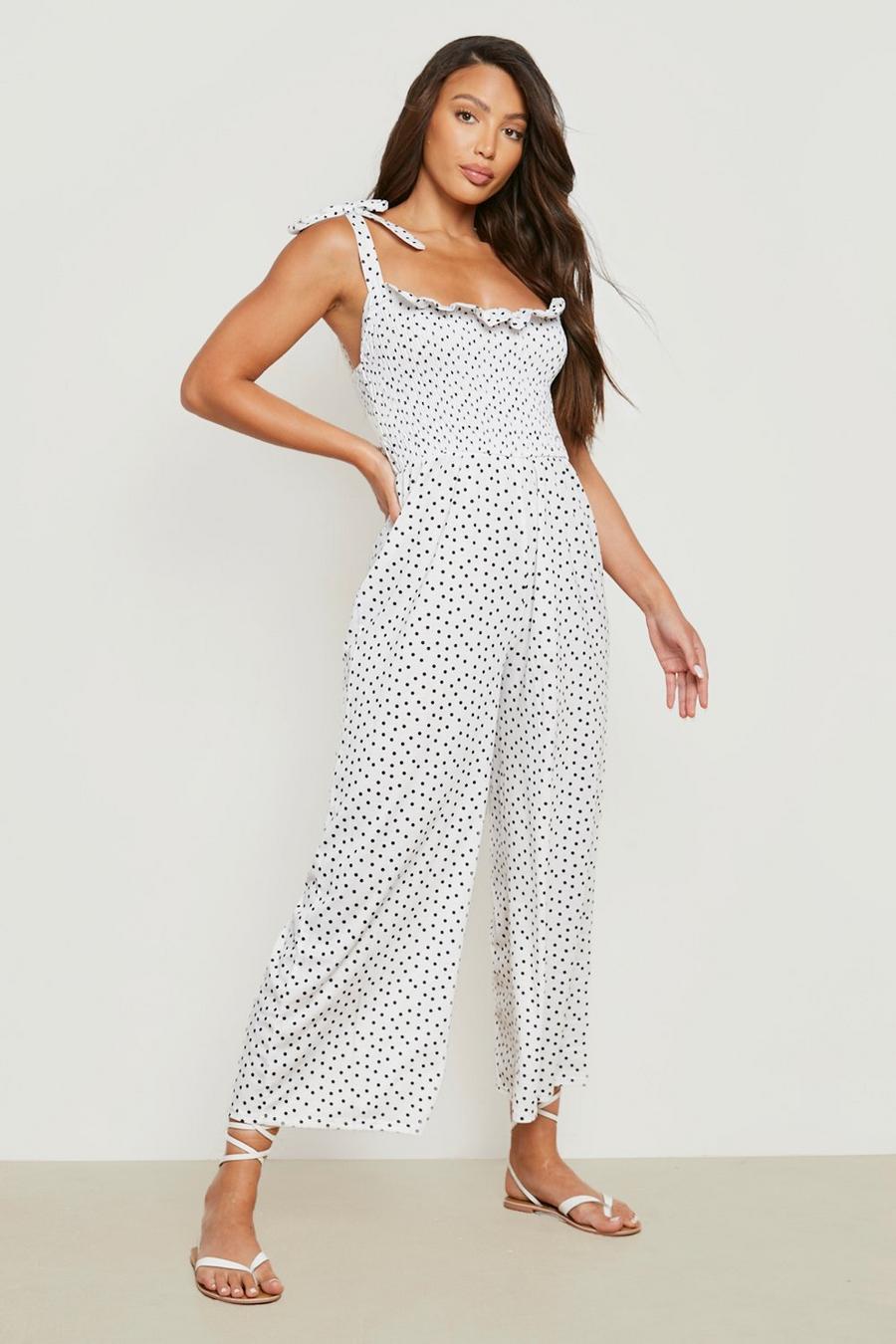 White Tall Polka Dot Culotte Strappy Jumpsuit
