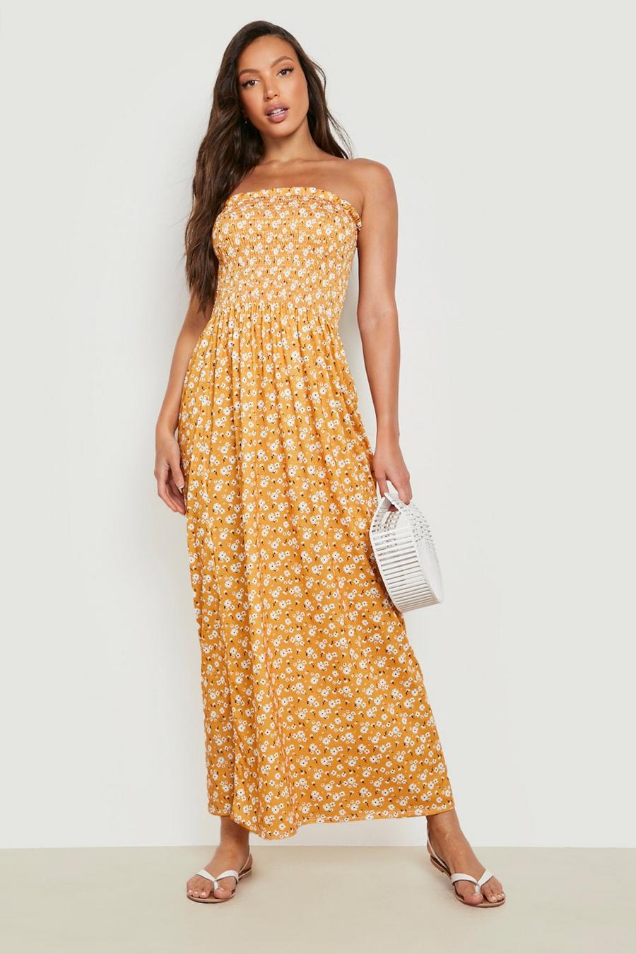 Mustard Tall Ditsy Floral Bandeau Shirred Maxi Dress image number 1