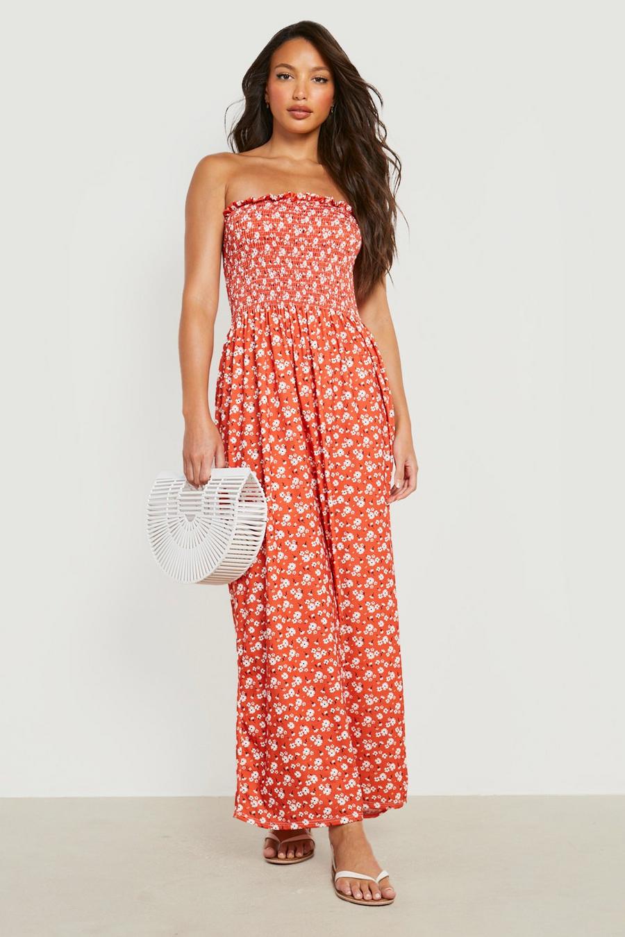 Red Tall Ditsy Floral Bandeau Shirred Maxi Dress image number 1