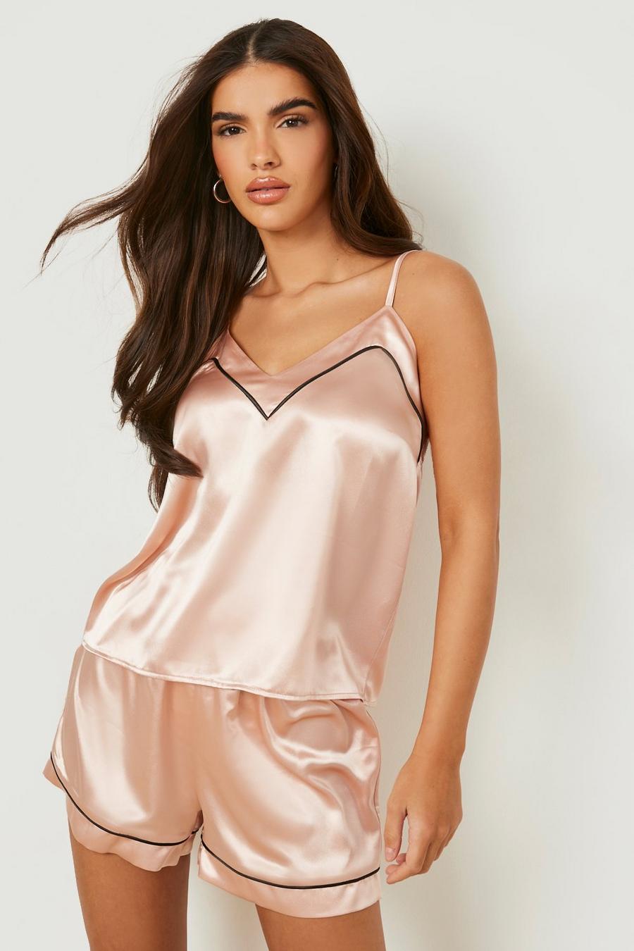 Rose gold Satin Cami Pj Short Set With Contrast Piping image number 1