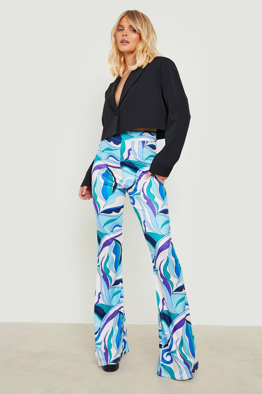 Blue Abstract Print Slinky Flare Pants image number 1
