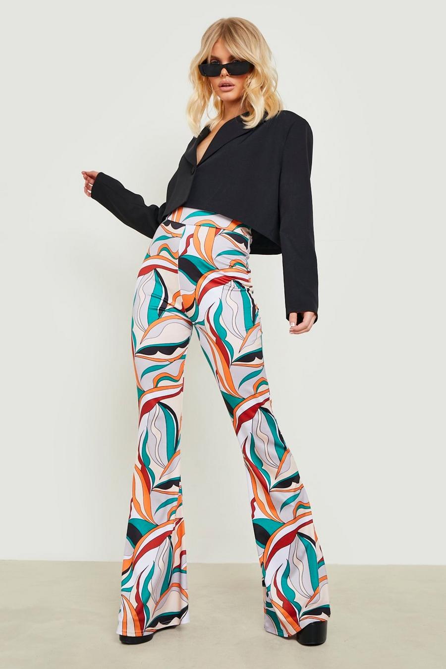 Orange Abstract Print Slinky Flare Trouser image number 1