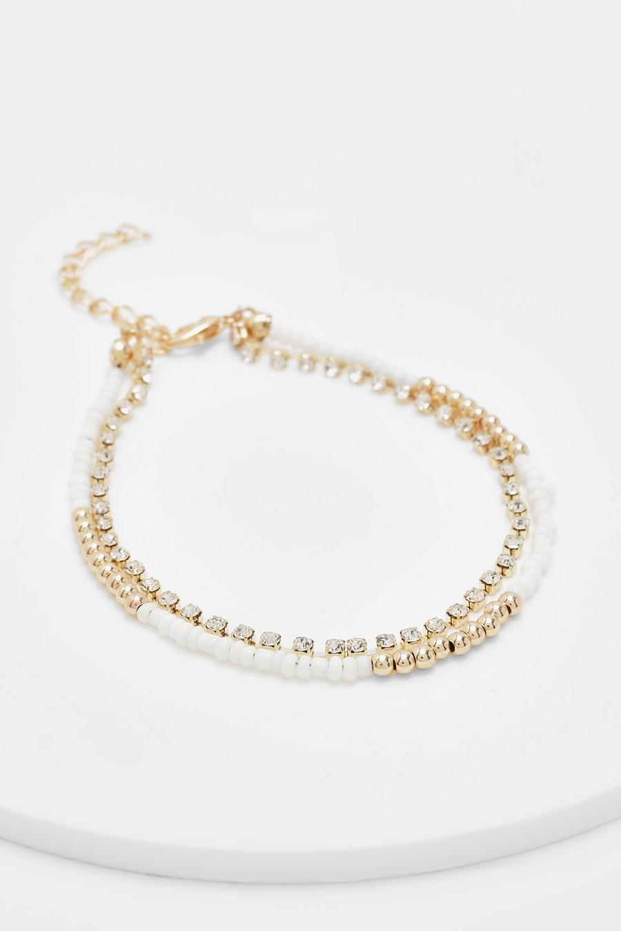 White Beaded And Diamante Anklet image number 1