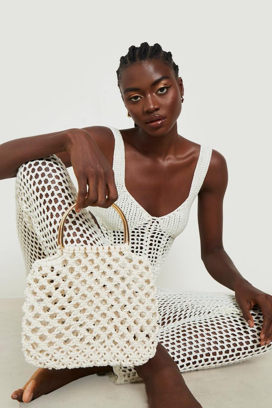 White Crochet Gold Metal Handle Mini Tote  image number 1
